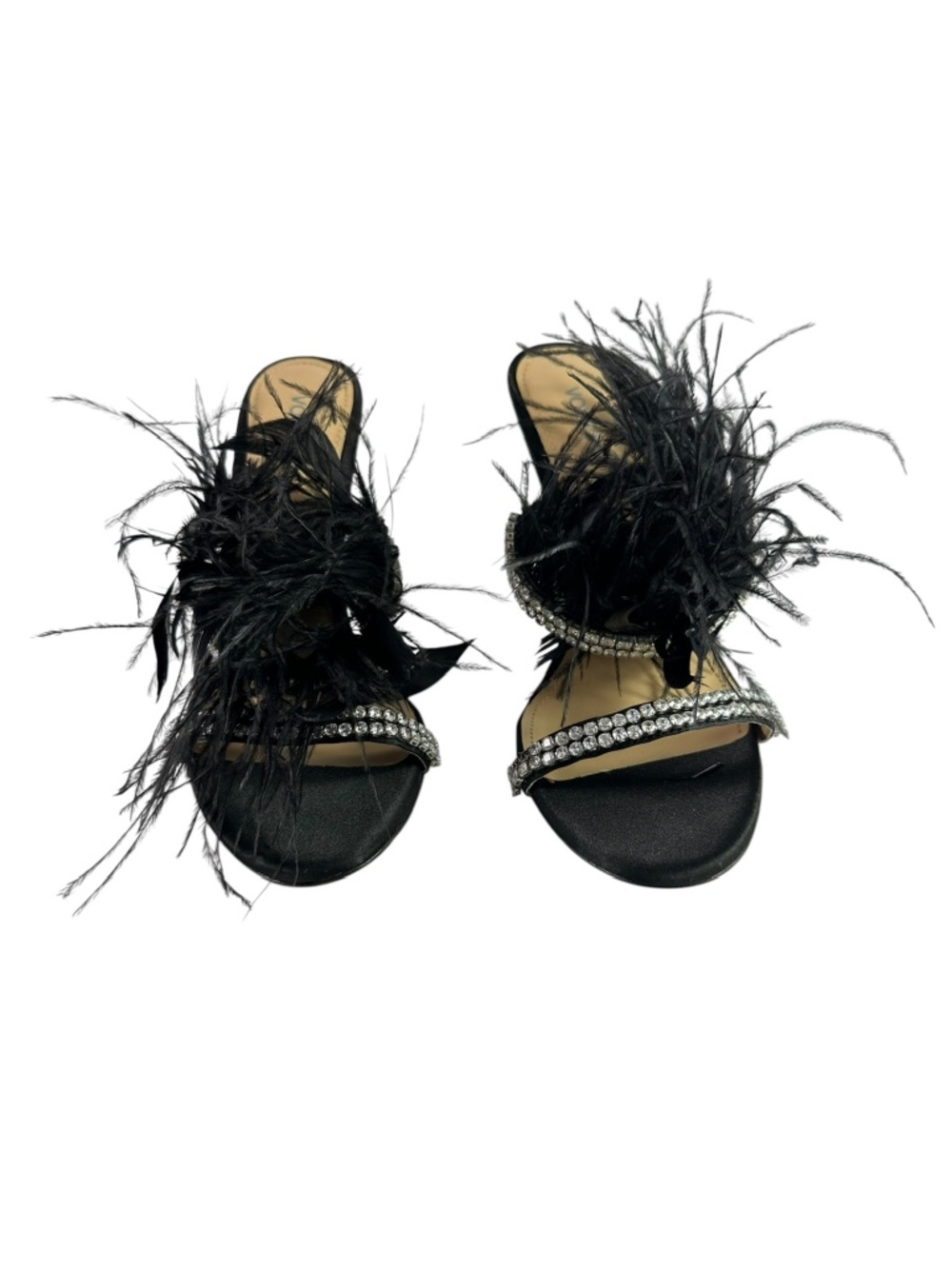 Nice VOYETTE Black Satin Feather Sandals Crystal Strap Stiletto Heels EU 39 9